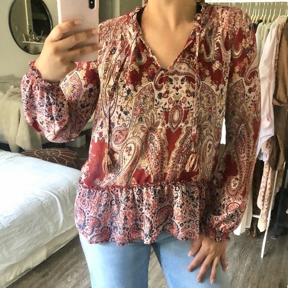 Knox Rose Tops - Knox Rose Bohemian Tassel Blouse in Red S